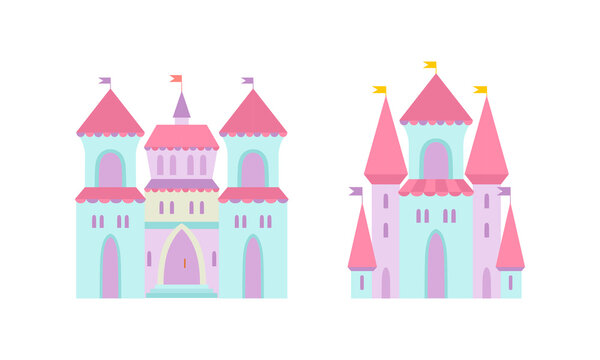 Princess Castle and Fortress with Tall Towers and Flags Vector Set