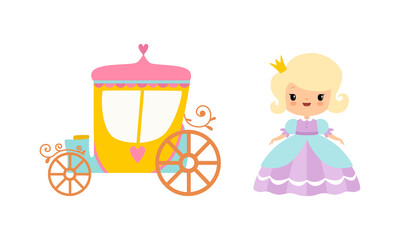 Royal Cinderella Carriage and Princess in Pretty Dress with Golden Crown Vector Set