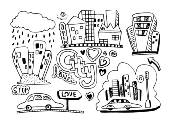 Hand drawn sketch of house and city isolated on white background.
