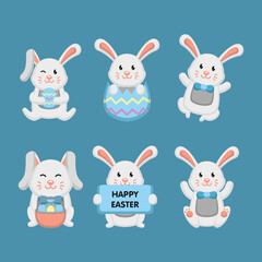 Set of easter bunny mascot, holding easter egg