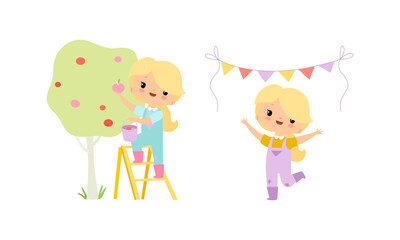 Little Blond Girl in Jumpsuit at Farm Cheering and Picking Ripe Apples from Tree Vector Set