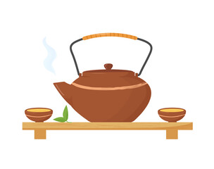 Hot tea kettle in asian style with two cups and tea leaves. Tea ceremony.