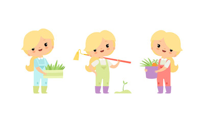Little Blond Girl in Jumpsuit at Farm with Rake and Rootstock Vector Set