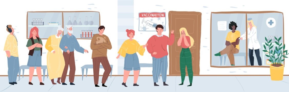 Vector cartoon flat patients characters waiting vaccination at doctor office-coronavirus covid infection disease prevention,diagnostics,treatment and therapy medical concept,web site banner ad design
