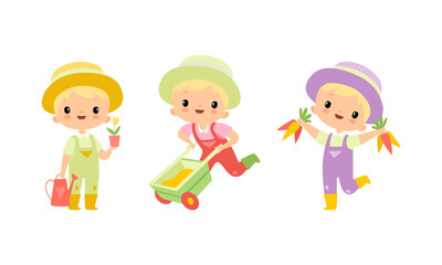 Little Blond Boy in Jumpsuit and Hat at Farm with Wheelbarrow and Watering Can Vector Set