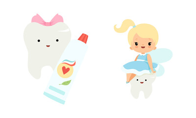 Cute Little Tooth Fairy with Blond Hair and Ponytail Sitting with First Baby Tooth Vector Set