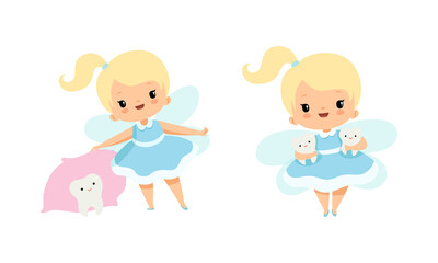 Cute Little Tooth Fairy with Blond Hair and Ponytail with First Baby Tooth Vector Set