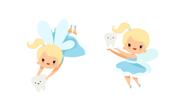 Cute Little Tooth Fairy with Blond Hair and Ponytail Flying with First Baby Tooth Vector Set