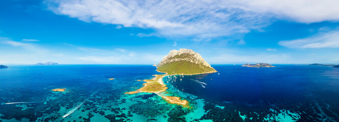 View from above, aerial shot, stunning panoramic view of Tavolara Island, a limestone massif with...