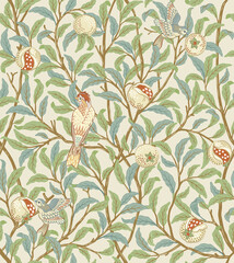 Vintage birds in foliage with birds and fruits seamless pattern on light beige background. Middle ages William Morris style. Vector illustration. - 457160741