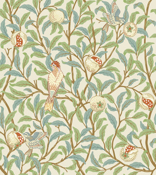 Vintage birds in foliage with birds and fruits seamless pattern on light beige background. Middle ages William Morris style. Vector illustration.