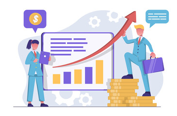 Business service. Businessmen make a presentation on the growth of sales figures.