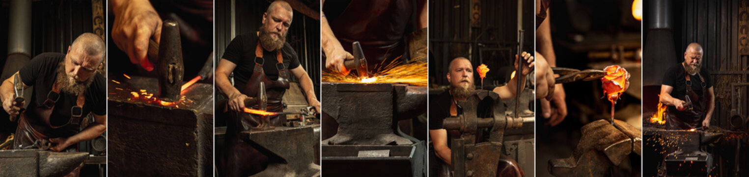 Bearded man, blacksmith manually forging the molten metal on the anvil in smithy with spark fireworks. Concept of labor, retro professions. Collage