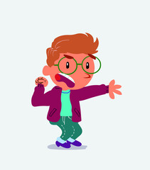 Very angry cartoon character of little boy on jeans pointing at something.