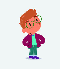 cartoon character of little boy on jeans doubting.