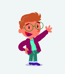 cartoon character of little boy on jeans explaining something while pointing.