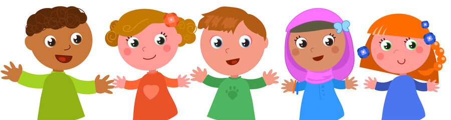 Group of happy multi ethnic boys and girls cartoon vector illustration, isolated on white