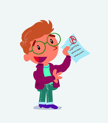 happy cartoon character of little boy on jeans explaining something with exam in hand.