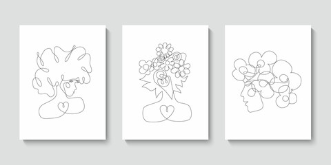 Set with 3 woman abstract one continuous line portrait. Modern minimalist style illustration for posters, t-shirts prints, avatars, postcard. Single line draw graphic design