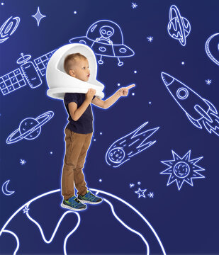 Creative artwork with little boy in huge white astronaut helmet standing among drawn planets, asteroids and stars in outer space. Ideas, inspiration, imagination. Collage