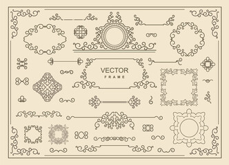 Vintage set of frames, borders, ornaments, dividers, swirls, design elements. Vector illustration