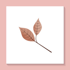 Stylized autumn twig with brown leaves in minimalism style with abstract fill on pink background. For printing wall posters, cards, covers