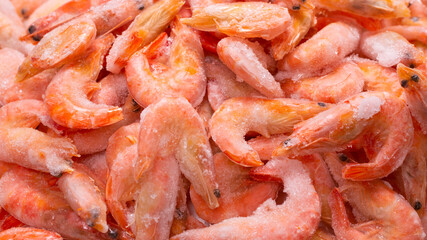 Fresh shrimps in ice. Top view.