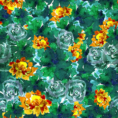 watercolor illustration seamless pattern purple roses,blue flowers and bright yellow-red flower buds for wallpaper or fabric