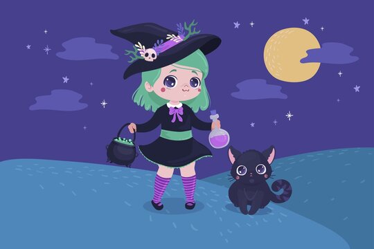 cute halloween witch with cat vector design illustration