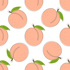 Seamless pattern with peach. Fruit in a single line with the addition of color. Summer background. Vector illustration isolated on white background.