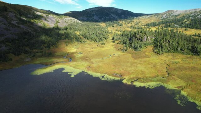 Flight over the lake in the National Park, aerial video filming