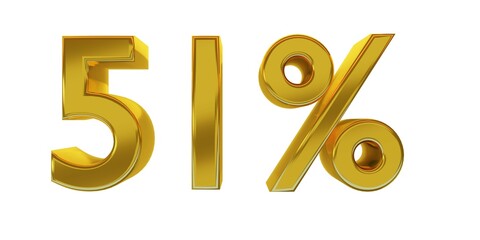 3D illustration, fifty-one percent - 51%, golden elements with white background, detailed lights, rendered in 5000x2500 pixels.
