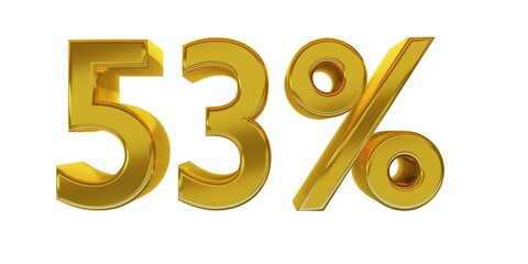 3D illustration, fifty-three percent - 53%, golden elements with white background, detailed lights, rendered in 5000x2500 pixels.
