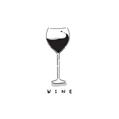Wine glass vector drawing on white. Hand-drawn icon of wine with letters. 