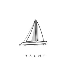 vector illustration of yacht on the sea in hand-drawn icon. Graphic element for holiday vacation, travel, family fall camping by the lake event. Hand lettering - Yacht - 