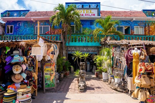 Tulum, Mexico. May 25, 2021. Clothing and souvenir shopping stalls at the entrance of Chilam Balam hotel