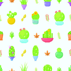 Seamless Pattern Abstract Elements Different Cactus Plant Botanic Vector Design Style Background Illustration Texture For Prints Textiles, Clothing, Gift Wrap, Wallpaper, Pastel