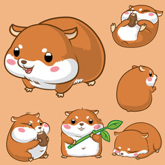 Cute hamster with orange, hamster vector set cartoon, hamster illustration style