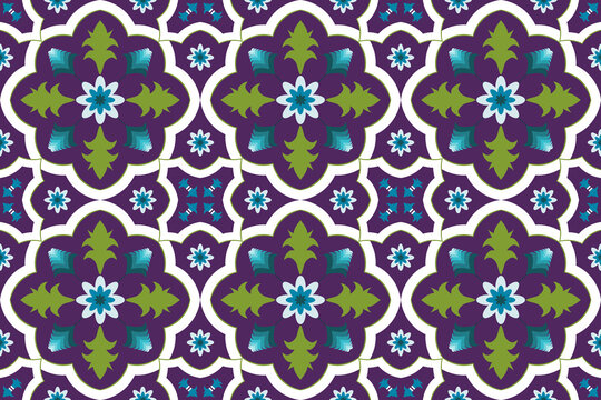 colorful purple Moroccan ethnic geometric floral tile art oriental seamless traditional pattern. design for background, carpet, wallpaper backdrop, clothing, wrapping, batik, fabric. vector.