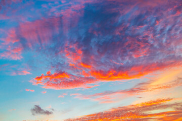 Amazing colorful sunrise with bright colors Playa del Carmen Mexico.