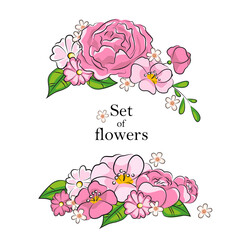  Set of beautiful pink wildflowers.  Wedding concept with flowers. Floral poster, invite. Vector designs for greeting cards or invitations  - 457168529