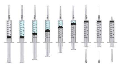 Realistic medical disposable syringe. Plastic syringe with and without needle. For vaccine injection, with and without liquid. Vector illustration.