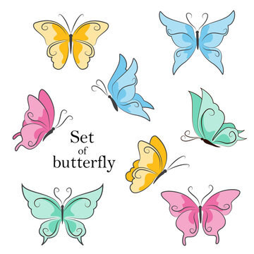 Set of cute colorful  butterflies isolated on white background . Hand drawn illustration for your design.