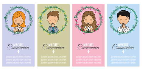 Set of four first communion invitation cards. Girls and boys praying. Space for text