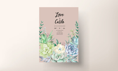 beautiful hand drawing watercolor succulent plant and flower wedding invitation template
