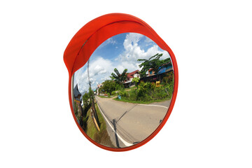 Convex mirror isolated on white background with clipping path. Polycarbonate Traffic mirror Curved...