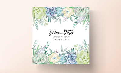Fototapeta na wymiar beautiful hand drawing watercolor succulent plant and flower wedding invitation template