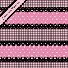 pink and black seamless pattern with hearts and lace - obrazy, fototapety, plakaty