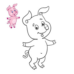 Obraz na płótnie Canvas Little cute piglet. Black and white picture for coloring book with a colorful example. In cartoon style. Isolated on white background. Vector illustration.