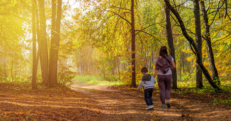 Fototapeta premium mom and son are walking in the park in the fall